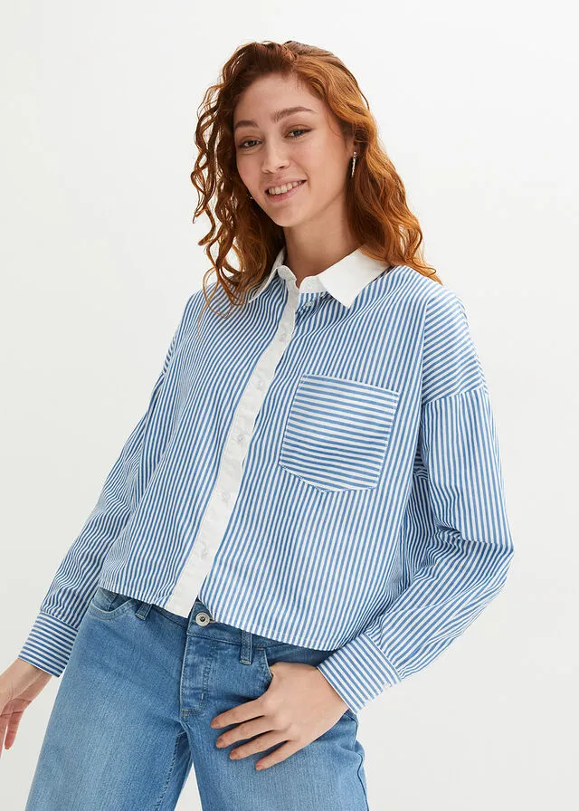 Blusa con botonera en contraste Azul provenzal-blanco de rayas