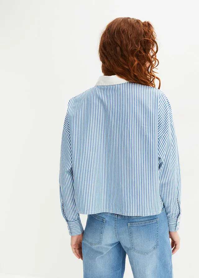 Blusa con botonera en contraste Azul provenzal-blanco de rayas