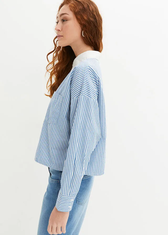 Blusa con botonera en contraste Azul provenzal-blanco de rayas