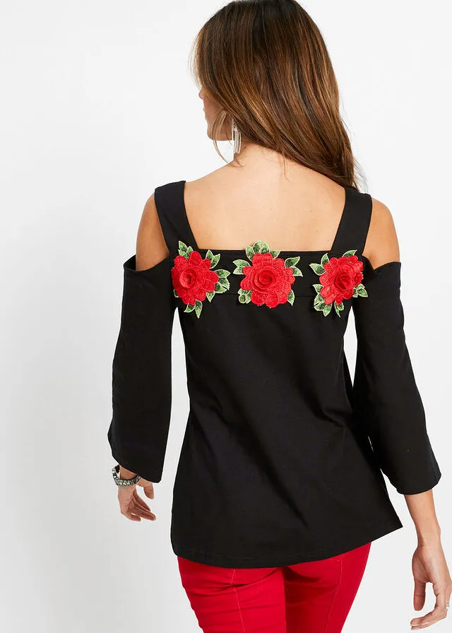 Camiseta con hombros al descubierto Negro-rojo de flores