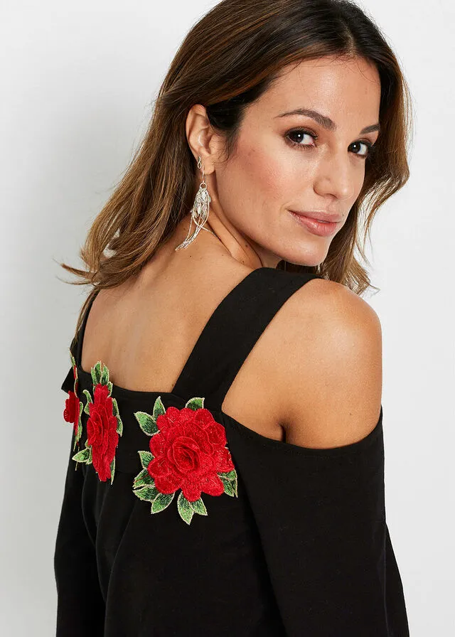 Camiseta con hombros al descubierto Negro-rojo de flores