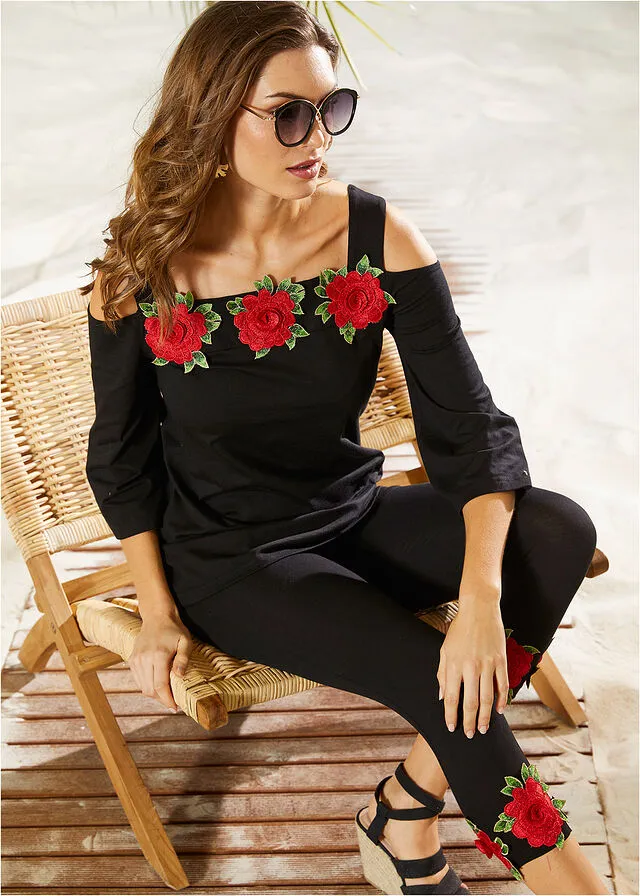 Camiseta con hombros al descubierto Negro-rojo de flores