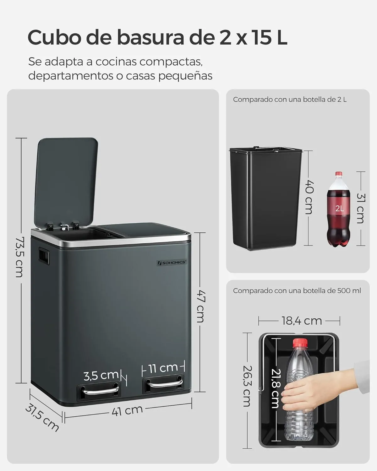SONGMICS Cubo de Basura de Cocina  2 x 15 L  Cubo con Cubeta Doble para Reciclaje y Residuos  con Pedal  Tapas de Cierre Suave  
