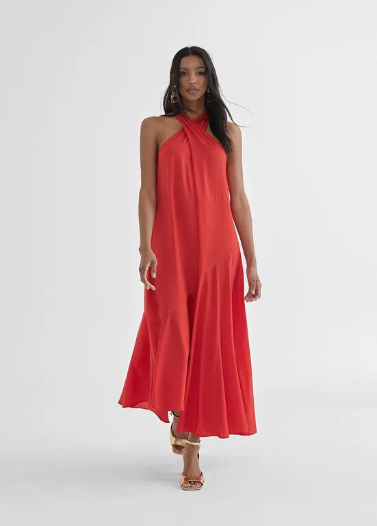 Vestido midi halter cruzado bicolor ROJO Lola Casademunt